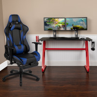 Flash Furniture BLN-X30RSG1030-BL-GG Red Gaming Desk with Cup Holder/Headphone Hook & Blue Reclining Gaming Chair with Footrest